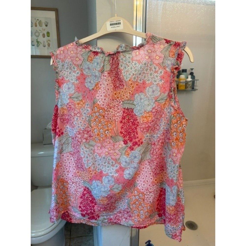 Talbots Plus 1X Floral Blouse Women's Cotton Pink Ruffle Sleeveless Top - Picture 5 of 5